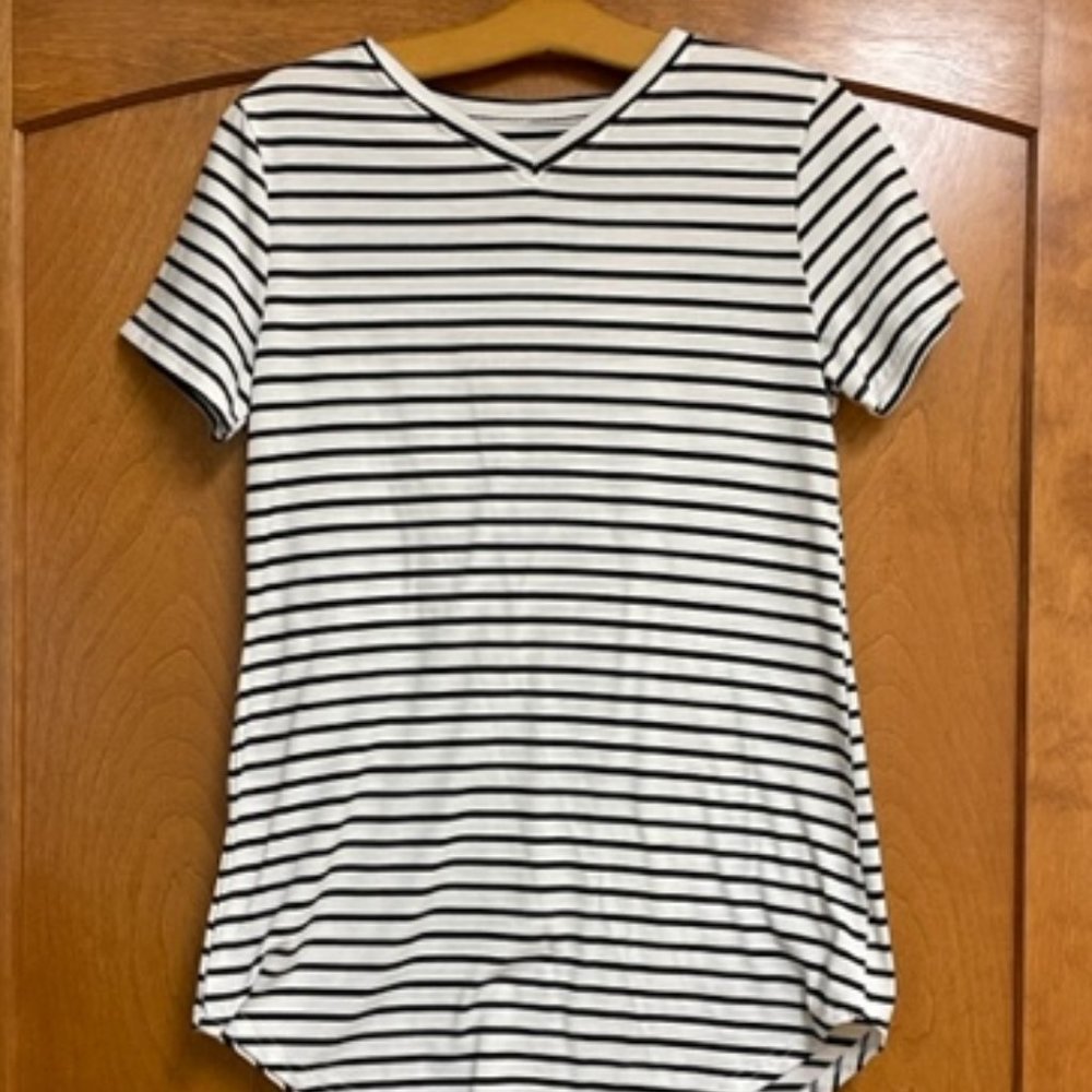 Short Sleeve White Top with Black Strips - S